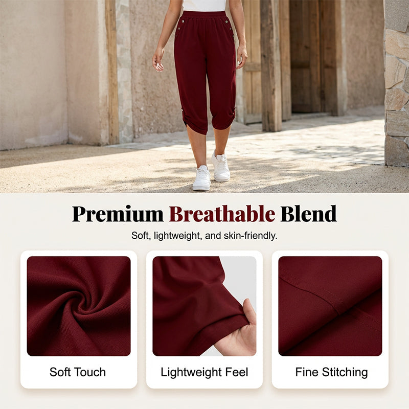 A pair of women's casual elastic waist capri pants by Arenzza, featuring comfortable fit and stylish design, shown on a model.