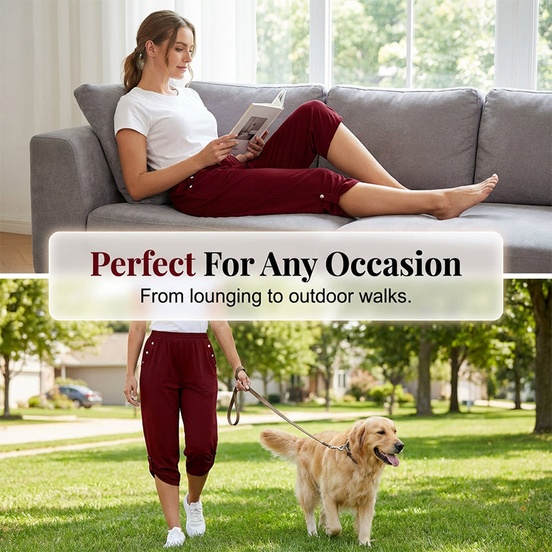 A pair of women's casual elastic waist capri pants from Arenzza, shown in a relaxed fit with a comfortable waistband.