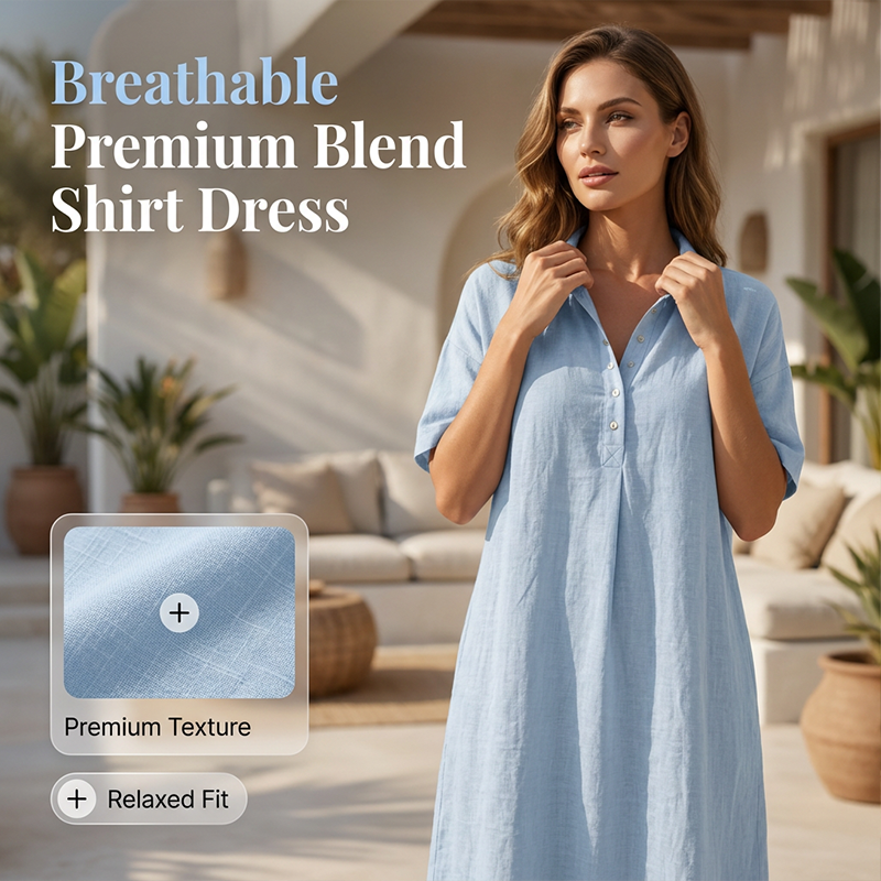 Women's casual linen blend shirt dress by Arenzza, featuring a relaxed fit with a collar, button front, and short sleeves.
