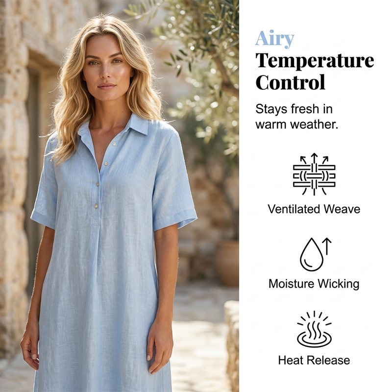 A women's casual linen blend shirt dress by Arenzza, featuring a relaxed fit, button front, and short sleeves.