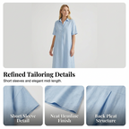 A woman wearing a white linen blend casual shirt dress by Arenzza, featuring a collar, button front, and short sleeves.
