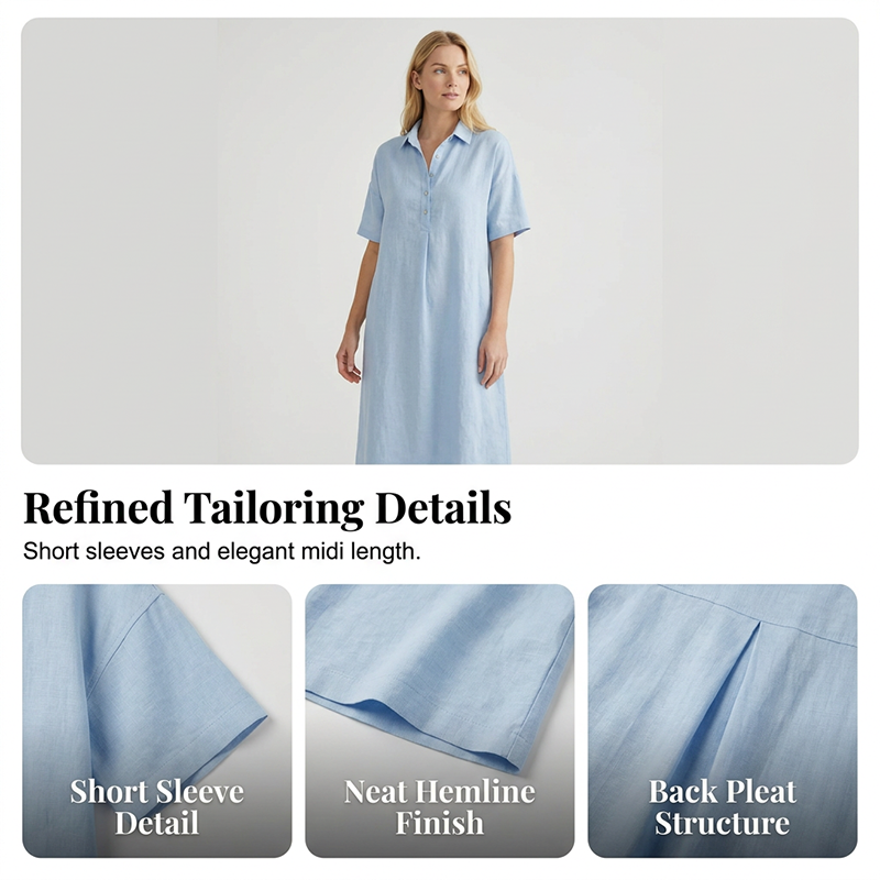 A woman wearing a white linen blend casual shirt dress by Arenzza, featuring a collar, button front, and short sleeves.