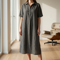 A woman wearing a beige linen blend shirt dress from Arenzza, casual style with a collar and button-front design, full-length view.