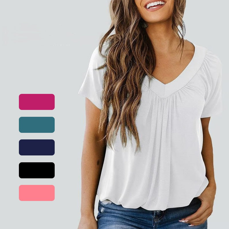 Aarenza women's casual pleated V-neck short-sleeve top in soft fabric, styled with a relaxed fit and subtle pleats.