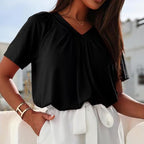 Aarenzza women's casual pleated V-neck short-sleeve top featuring a relaxed fit and stylish design, perfect for everyday wear.