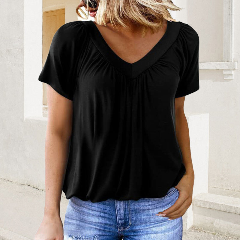 Women's casual pleated V-neck short-sleeve top by Arenzza, featuring a relaxed fit and stylish pleats in a soft fabric.
