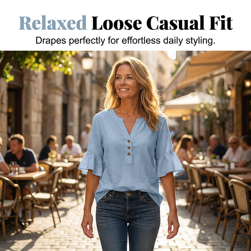 A woman wears a solid color V-neck top from Arenzza, casual clothing with a relaxed fit, shown in a natural pose.