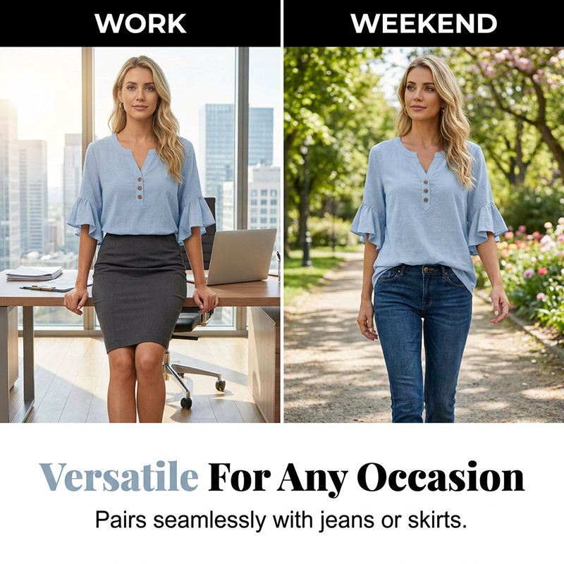 Women's Arenzza casual solid color V-neck top, lightweight and comfortable, shown in a relaxed fit with short sleeves.