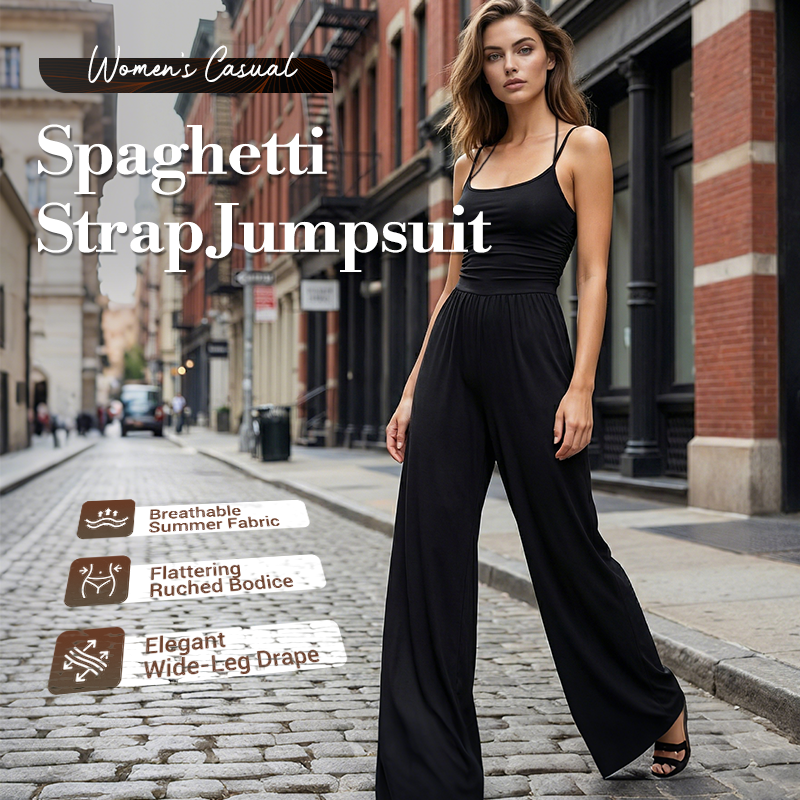 A woman wearing a beige Arenzza women's casual spaghetti strap jumpsuit with a fitted waist and wide-leg pants.