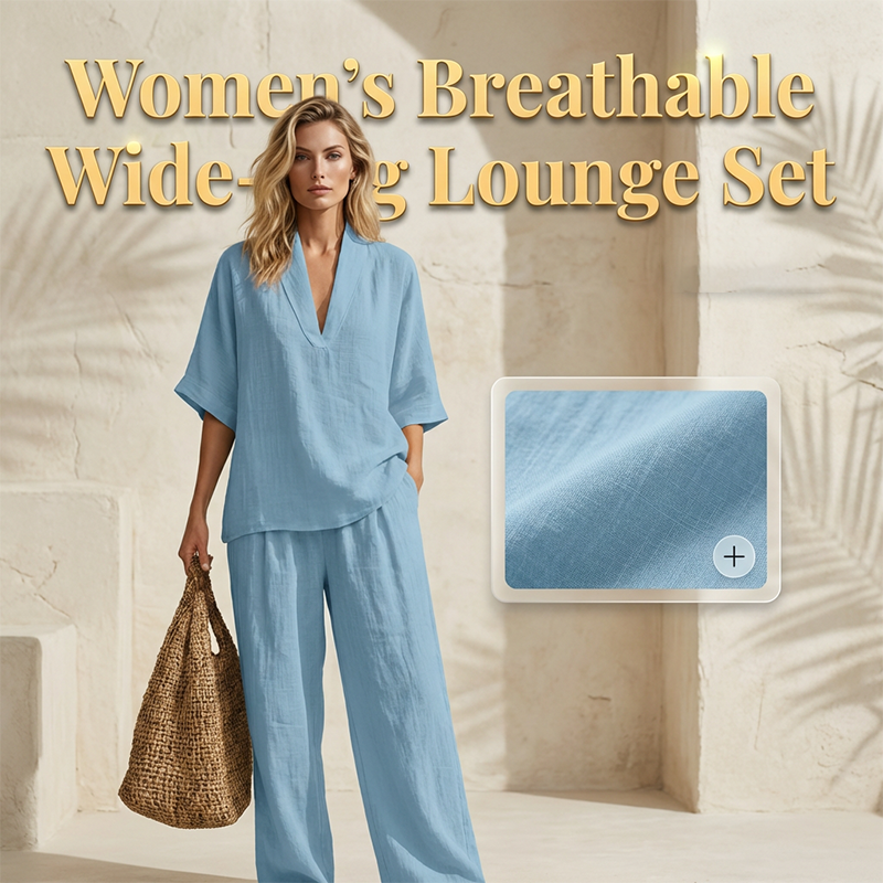 A woman wearing a women's casual V-neck top and wide-leg pants set by Arenzza, showcasing a comfortable, stylish clothing ensemble.