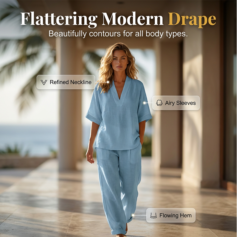 A woman wearing Arenzza women's casual V-neck top and wide-leg pants set, showcasing a relaxed, stylish outfit.