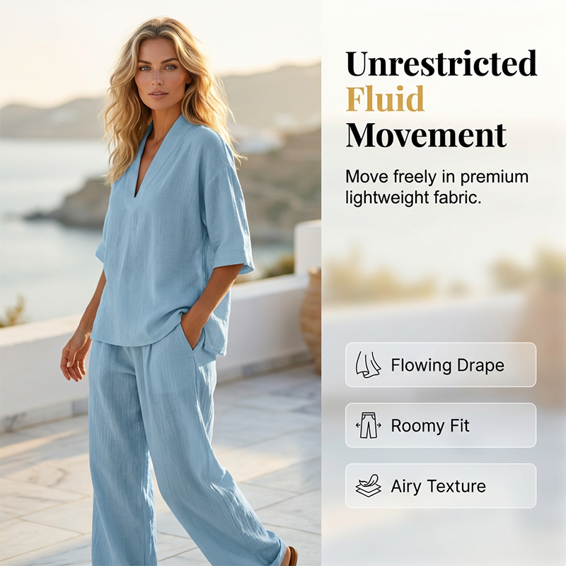 A woman wearing a women's casual V-neck top and wide-leg pants set by Arenzza, showcasing a comfortable, stylish clothing ensemble.