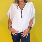Women's chiffon zip-up neck casual top by Arenzza, featuring a lightweight, flowy fabric and a stylish zip-up collar.