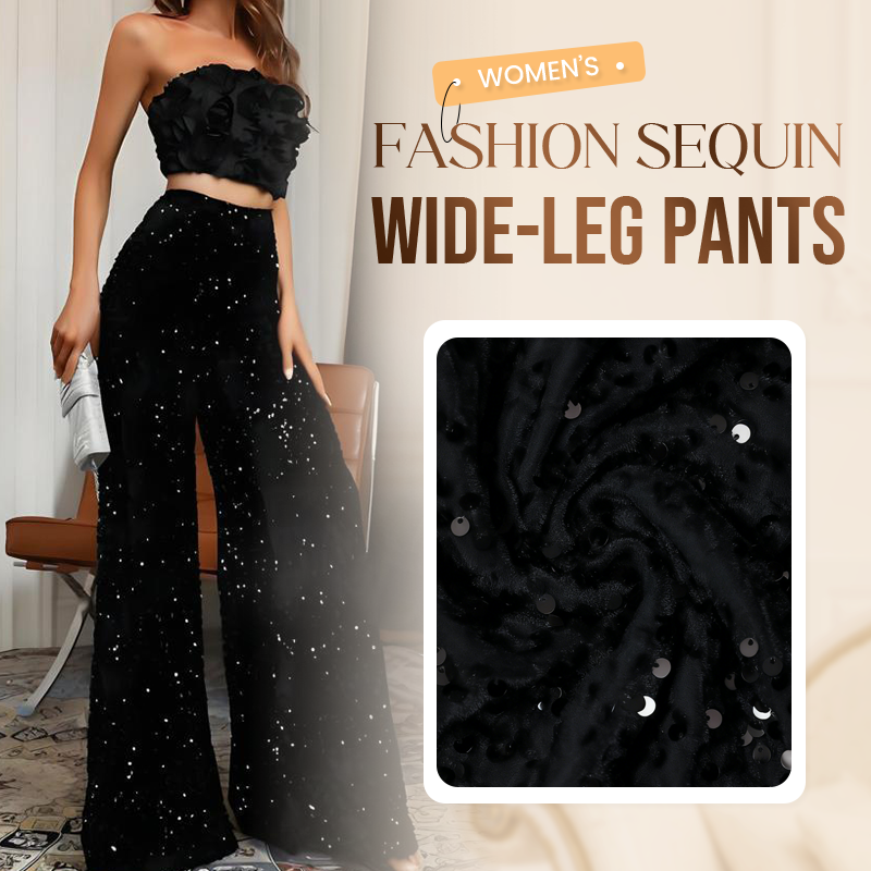 Women’s sequin wide-leg pants by Arenzza featuring shiny, sparkling fabric and a relaxed fit, styled for fashionable occasions.