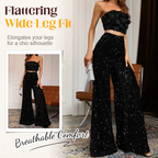 A woman wearing Arenzza women's sequin wide-leg fashion pants, showing the shiny, flowing fabric and high waist design.