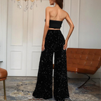 Women’s fashion sequin wide-leg pants by Arenzza featuring shiny, sequined fabric and a relaxed, wide-leg silhouette.