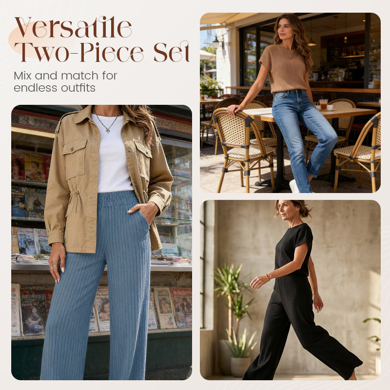 A woman wearing Arenzza's ribbed knit top and wide-leg pants set, featuring a cozy, fitted ribbed top and flowing wide-leg pants.