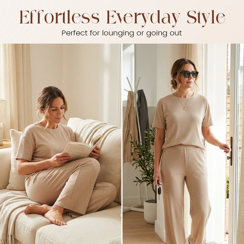 A woman wearing a ribbed knit top and wide-leg pants set by Arenzza, showcasing a stylish, coordinated clothing outfit.