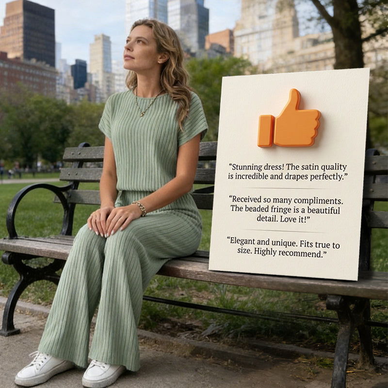 A woman wearing a ribbed knit top and wide-leg pants set by Arenzza, showcasing a stylish, comfortable clothing ensemble.