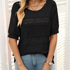 Women's Arenzza round neck hollow knit crochet short sleeve sweater shown in soft, lightweight fabric with a stylish open-knit design.