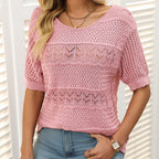 A women's round neck hollow knit crochet short sleeve sweater by Arenzza, featuring a lightweight, breathable design in natural knit texture.