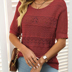 A women's Arenzza short sleeve hollow knit crochet sweater with a round neckline, showcasing its lightweight, textured design.