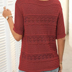 A women's round neck hollow knit crochet short sleeve sweater from Arenzza, featuring a stylish and breathable design.