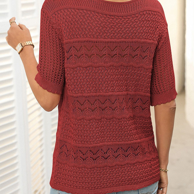 A women's round neck hollow knit crochet short sleeve sweater from Arenzza, featuring a stylish and breathable design.