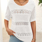 Aarenza women's round neck hollow knit crochet short sleeve sweater in light, breathable fabric, displayed on a neutral background.