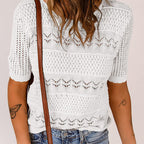 Aarenza women's round neck hollow knit crochet short sleeve sweater in a light, breathable fabric, styled casually.