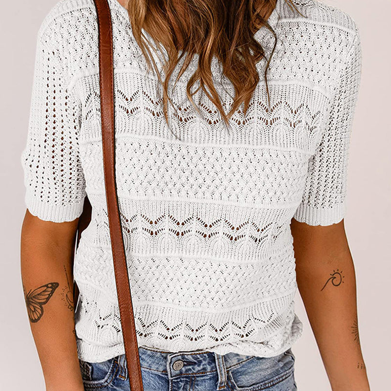 Aarenza women's round neck hollow knit crochet short sleeve sweater in a light, breathable fabric, styled casually.