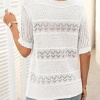 Arenzza women's round neck hollow knit crochet short sleeve sweater in soft, breathable fabric with intricate crochet detailing.
