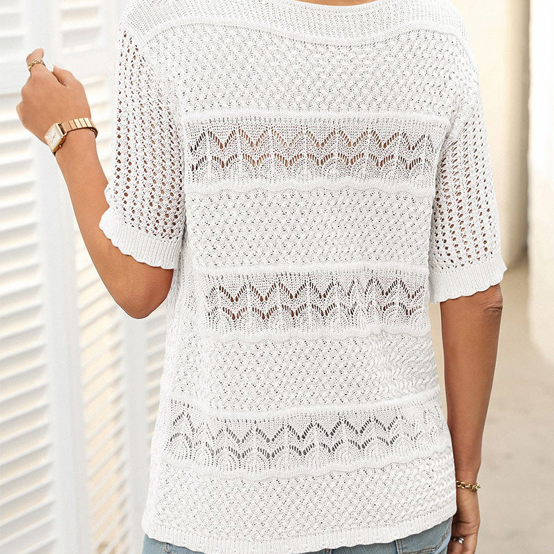 Arenzza women's round neck hollow knit crochet short sleeve sweater in soft, breathable fabric with intricate crochet detailing.