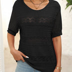 Aarenza women's round neck hollow knit crochet short sleeve sweater, showcasing its textured pattern and casual fit.