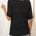 A women's round neck hollow knit crochet short sleeve sweater by Arenzza, featuring a lightweight, breathable design in soft fabric.