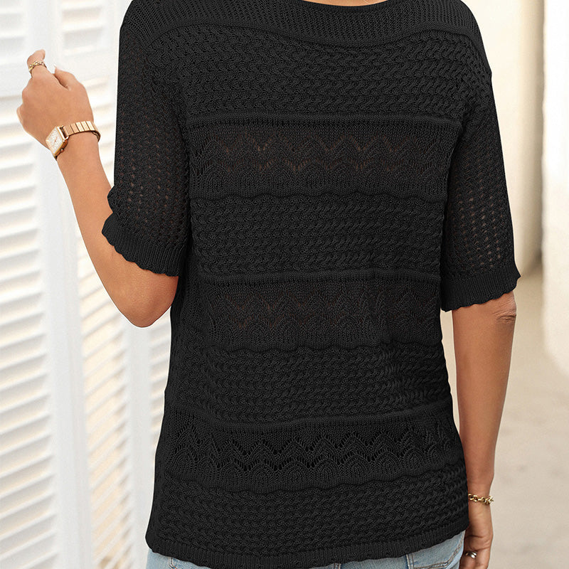 A women's round neck hollow knit crochet short sleeve sweater by Arenzza, featuring a lightweight, breathable design in soft fabric.