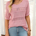 Aarenza women's round neck hollow knit crochet short sleeve sweater in a stylish, breathable design, perfect for casual wear.