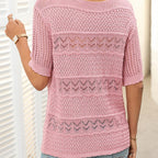Women's hollow knit crochet short sleeve sweater with a round neck, in soft fabric, by Arenzza.
