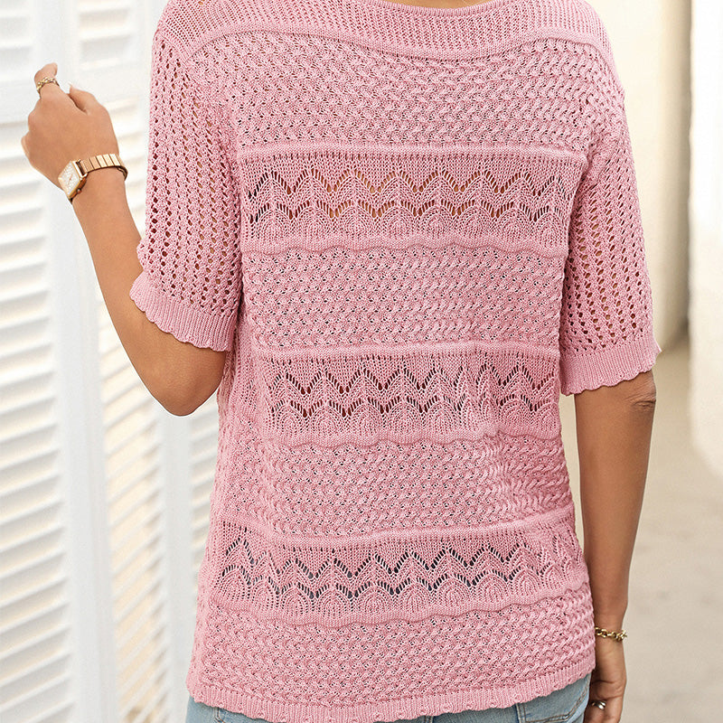 Women's hollow knit crochet short sleeve sweater with a round neck, in soft fabric, by Arenzza.