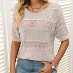 Aarenza women's round neck hollow knit crochet short sleeve sweater in soft, lightweight fabric, displayed on a neutral background.