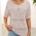 Women's hollow knit crochet short sleeve sweater with round neck, Arenzza, showcasing lightweight, stylish knit fabric.