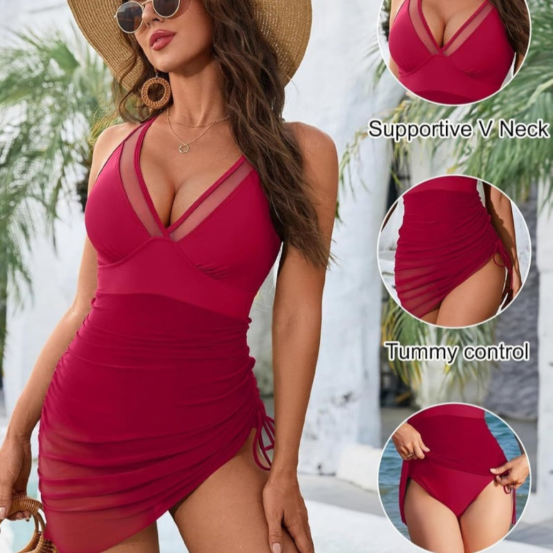 Women’s sexy one-piece mesh swim dress by Arenzza, featuring a stylish sheer design and form-fitting silhouette.