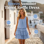 Women's summer U-neck tiered ruffle dress by Arenzza, featuring lightweight fabric, feminine ruffle details, and a flowy silhouette.