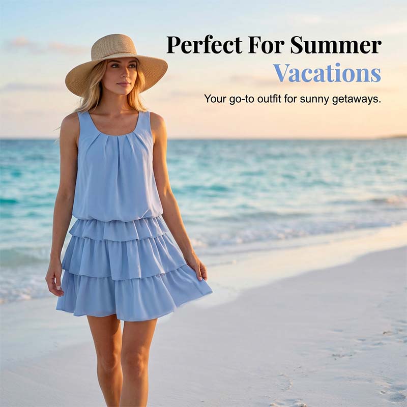 Women's summer U-neck tiered ruffle dress by Arenzza featuring flowy fabric and layered ruffle details.