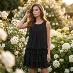 Women's Arenzza summer U-neck tiered ruffle dress with sleeveless design and flowing fabric, perfect for warm weather.