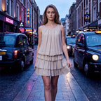 Aarenza women's summer U-neck tiered ruffle dress in light fabric, featuring a flowy silhouette and layered ruffle details.
