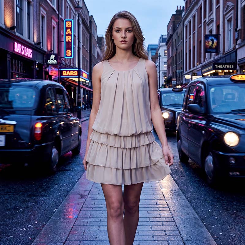 Aarenza women's summer U-neck tiered ruffle dress in light fabric, featuring a flowy silhouette and layered ruffle details.