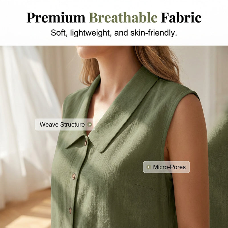 Women’s V-neck button-down top by Arenzza, light fabric, fitted style, with a row of buttons down the front, shown on a hanger.