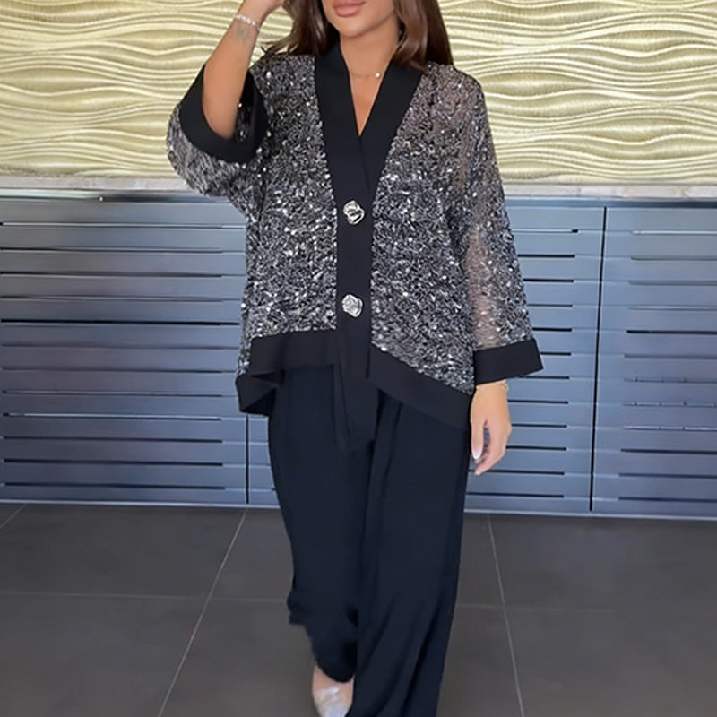 A woman wearing Arenzza women's V-neck sequin cardigan and wide-leg pants 2-piece set, showcasing elegant evening fashion.
