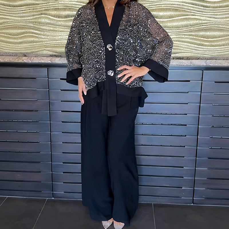 Women's V-neck sequin cardigan and wide-leg pants 2-piece set by Arenzza, featuring shimmering sequins and comfortable fit.